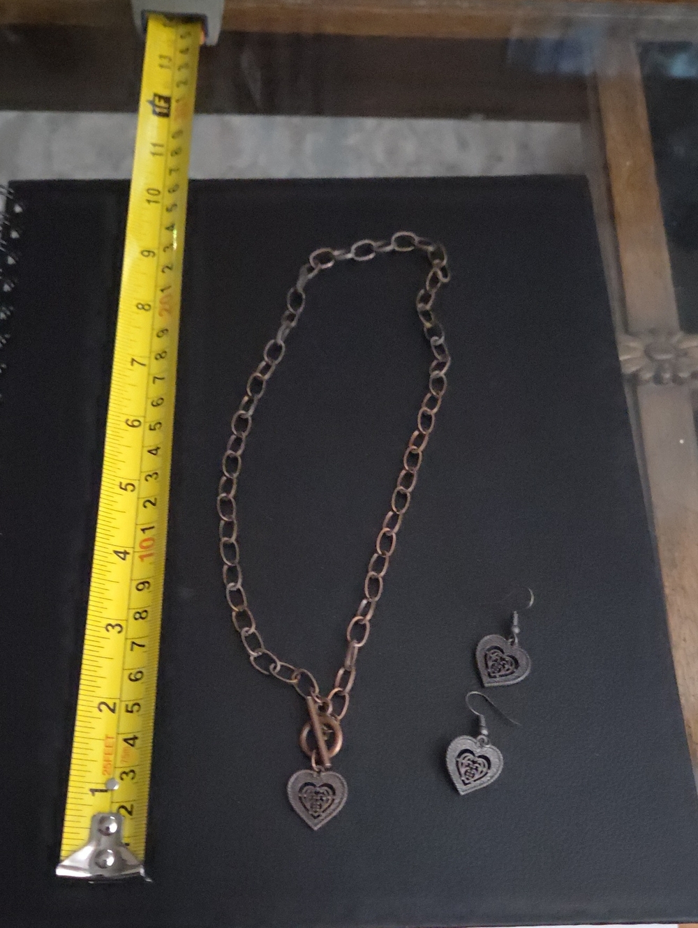 Women’s Heart Pendant Necklace & Earrings Set - Antique Bronze